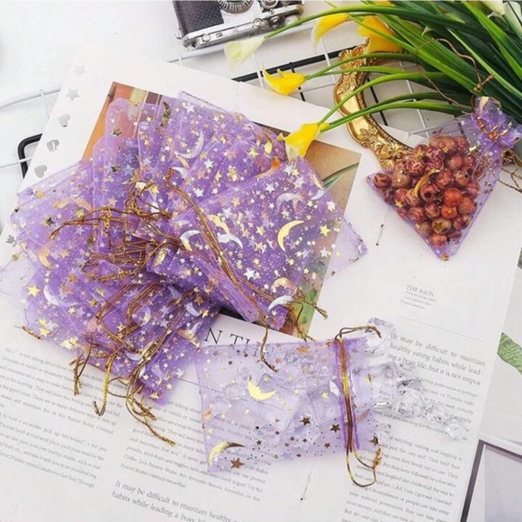 20pcs Purple Organza Gift Bags with Gold Stars and Moons - Picture 2 of 4